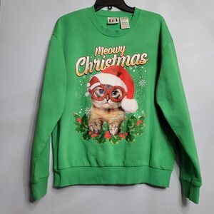 Meowy Christmas Cat Sweatshirt Large Green Ugly Sweater Holiday Novelty Funny